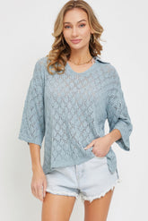 Blue Pointelle V-neck Knit Top Simmer & Fay S